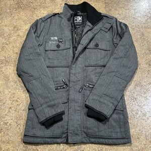 Y2k Fox Jacket Coat Sherpa Lined Black Gray Military Size Small Vintage Moto